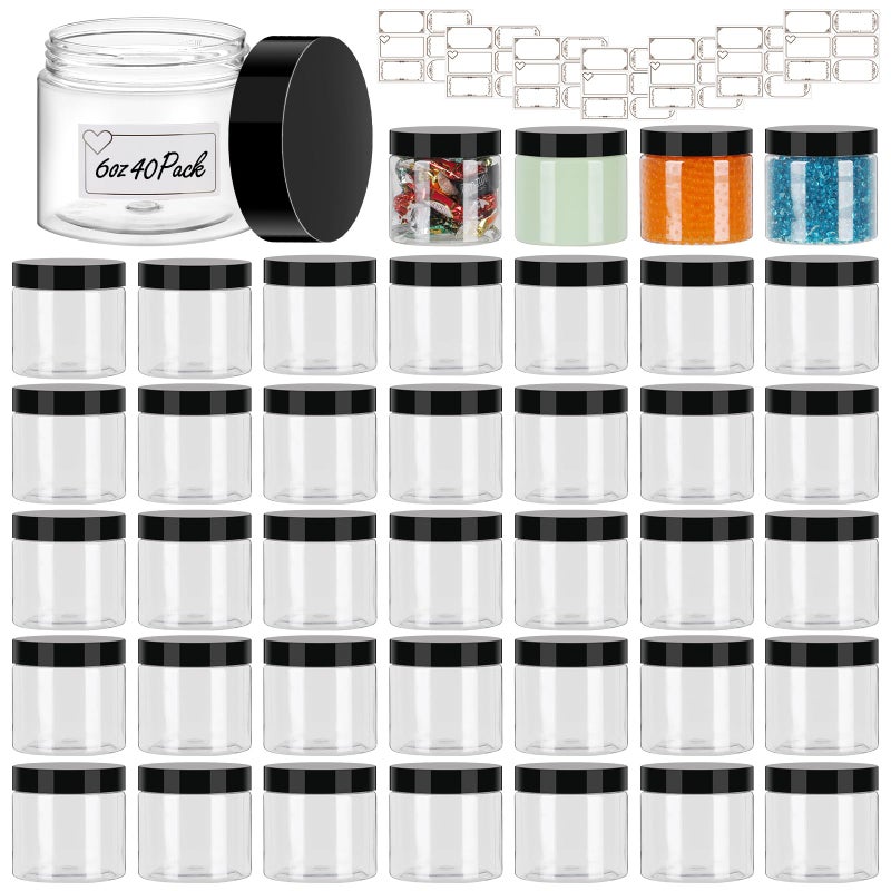 SZUAH 6 oz Plastic Containers with Lids 40Pack, Plastic Jars with Lids 6 oz, Empty Clear Slime Containers for Lotion, Cream, Body Butter, Makeup, Travel Storage(180ml, Set of 40) - Image 1
